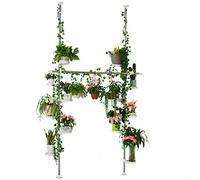 BAOYOUNI Scaffale Telescopico per Piante da Interno Portavasi con 12 Vassoi, 2 Gancio e 1 Traversa Regolabile Espositore per Vasi di Fiori in Plastica e Metallo, Avorio