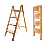 BAOYOUNI Scaletta pieghevole a 4 gradini, portatile, leggera, in alluminio, con pedali larghi antiscivolo, capacità 150 kg, per casa, cucina, giardino, ufficio, colore bianco + venature del legno