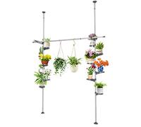 BAOYOUNI Supporto per Piante Telescopico Interno con 12 Ripiani, 2 Ganci e 1 Asta Telescopica, Espositore per Fiori in Metallo e Plastica, Decorativa per Balcone, Camera da Letto, Soggiorno (Grigio)
