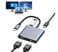 BAOZEE Adattatore da USB C a doppio HDMI, splitter HDMI 4K a 60Hz per display esteso a doppio monitor, ricarica PD da 100 W, porta USB-A, Windows supporta multi-monitor con 3 schermi, macOS limitato