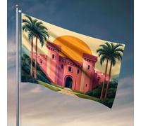 Bar For Man Caverna Un castello rosa con palme davanti a una grande bandiera del sole decorazioni per la cucina uomo grotta regole (120 x 180 cm)