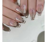 Bara Press On Nails Vetro Finto Stick Occhio di Gatto Acrilico Gel Lucido Colle 24Pcs Acrilico Ung