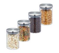 Relaxdays Set da 4 Barattoli per Alimenti, Recipienti in Vetro con Coperchio Acciaio Inox, 750 ml, Trasparente Argentato, Silicone