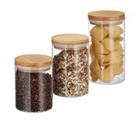 Relaxdays Barattoli per Conserve, Set da 3, da 500, 700 e 1000 ml, per Pasta, Müsli, Caffè, D:9,5 cm, Bambù, Naturale