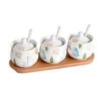 Barattoli per condimenti, Set di bottiglie for condimenti in ceramica con coperchio a cucchiaio e vassoio in legno, set scatole for, barattoli for for la casa(A,3pcs)