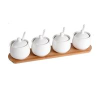 Barattoli per condimenti, Set di bottiglie for condimenti in ceramica con coperchio a cucchiaio e vassoio in legno, set scatole for, barattoli for for la casa(B,4pcs)