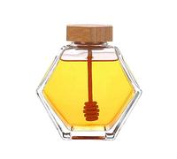 Barattoli per miele, dispenser per miele trasparente, vaso per miele in vetro a forma esagonale, vaso per miele con cucchiaio in legno, contenitore esagonale per miele (380 ml)