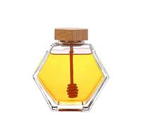Barattoli per miele, dispenser per miele trasparente, vaso per miele in vetro a forma esagonale, vaso per miele con cucchiaio in legno, contenitore esagonale per miele (220 ml)