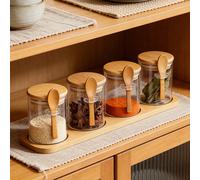 Barattoli per spezie in stile minimalista con cucchiaio in legno e coperchio in bambù, set di barattoli trasparenti rotondi per condimenti, adatti per conservare sale, zucchero, chicchi di caffè, per 