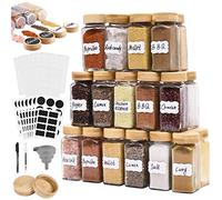 Barattoli Spezie 35 x 120 ml, Quadrato Set Spezie da Cucina con Coperchi in Bambù, Con Coperchi in Bambù, Con Agitatore per Spezie, Imbuto, Etichetta e Gesso