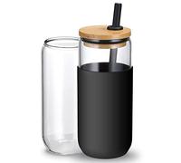Barattolo di birra nero con custodia in silicone, include cannuccia e coperchio in bambù, carino per caffè freddo, frullati e tè Boba