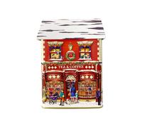 Barattolo di latta a forma di casa di città con scritta “Winter Tea & Coffee”, s