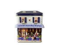 Barattolo di latta a forma di casa di città, piccola casa con tettuccio e scritta “Sweet Shop”, scatola decorativa di circa 12 x 7,5 x 15 cm. Volume: 1000 ml