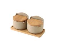 Barattolo For Condimenti Da Cucina Con Coperchio In Legno Ceramico(2pcs)