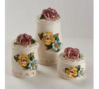 Barattolo in Ceramica 3 Barattoli Contenitore Set da Bagno con Fiori Capodimonte