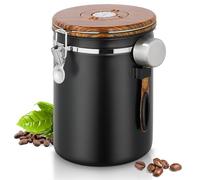 Barattolo per caffè ermetico da 1 kg, chicchi di caffè da 2,8 l, in acciaio inox con coperchio in venatura del legno, contenitore sottovuoto con valvola a CO2, misurino e datario, contenitore per noci