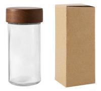 Barattolo per chicchi di caffè costruito con coperchio in legno di acacia e corpo in vetro trasparente con funzionalità degasante unidirezionale (A)
