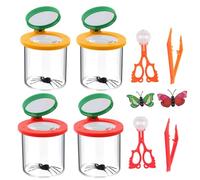 Barattolo per Insetti per Bambini, 4 Pezzi Lenti d'Ingrandimento con Pinzette in Plastica, Scatola d'Ingrandimento per Insetti Barattolo Osserva Insetti Lenti ingrandite per Bicchieri Strumento