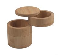 Barattolo rotondo in legno con tre scomparti impilati e sigillati per sale, pepe e zucchero, ottimizzato per il flusso di lavoro quotidiano della cucina