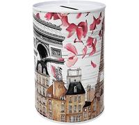 Barattolo Salvadanaio Design Parigi Elementi Caratteristici della Città e Monumenti Torre Eiffel Notre Dame Arco di Trionfo in Metallo Latta non Apribile 15x11cm