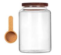 Barattolo trasparente da 2000 ml con coperchio in legno, barattolo ermetico per sale e zucchero, integrato con cucchiaio in legno di faggio, robusto e resistente al calore, ideale per le case