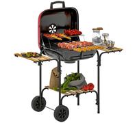 Barbecue a Carbone 98x54x91 cm Coperchio con Presa d'Aria Regolabile 3 Ripiani e Ruote in Acciaio e Legno Rosso