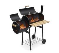 Barbecue a Carbone con Affumicatore Laterale e Camino, 2 Griglie in Acciaio Inox, Termometro Integrato e Ripiani in Legno, BBQ Smoker da Giardino con Ruote