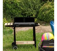 Barbecue a carbone portatile da esterno con ruote, perfetto per patii e terrazze. Questo ampio barbecue portatile è dotato di ruote e due ripiani in legno laterali per facilitarne lo spostamento e per