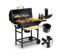 BARBECUE A CARBONELLA BERDSEN BD-895 con ripiani laterali, termometro e cassetto cenere, Carbone, Griglia da 70 x 35 cm, Nero, legno chiaro