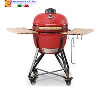 Barbecue a Carbonella Legna in Ceramica Rosso KAMADO Griglia Inox BBQ 4 ruote