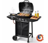 Barbecue a gas 2 Fuochi Bruciatori e fornellino laterale con ruote e Griglia Acc