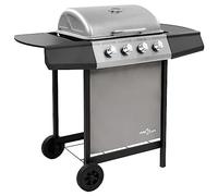 Barbecue a gas con 4 fuochi, nero e argento, grande superficie di cottura, termometro integrato, ripiani laterali, vassoio raccogli grasso rimovibile, spazio inferiore e 2 ruote