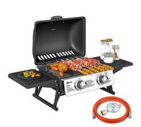 Barbecue a Gas Portatile da Tavolo 2 Bruciatori e Coperchio con Termometro in