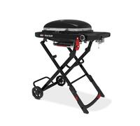Weber Traveler Compact barbecue a gas/design pieghevole e portatile con ruote, blocco automatico coperchio e termometro integrato, 1 bruciatore, superficie di cottura 52 x 36 cm, nero