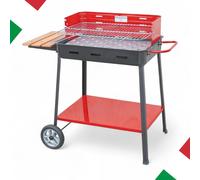 Barbecue BBQ a carbonella con ruote griglia regolabile acciaio verniciato smaltato ripiano laterale legno 60x40x85cm
