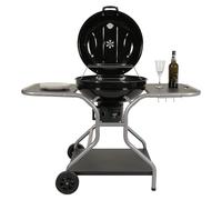 Barbecue BBQ braciere doppia griglia con 3 ripiani e ruote HWC-N16 acciaio 143x131x66cm nero