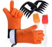 Barbecue Grigliate Guanti Resistenti al Calore con Orso Artiglio Carne Artigli e Pennello in Silicone, Impermeabile, Antiscivolo con Esteso Protezione per Barbecue da Forno da Cucina, Arancione