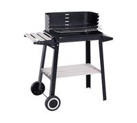 BARBECUE OUTSUNNY a carbone IT846-032 in metallo, legno e smalto Nero, paravento frontale con prese d'aria, Carbone, Griglia da 56 x 31 cm, Nero, legno chiaro