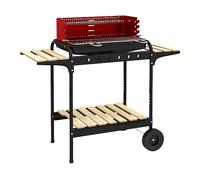BARBECUE OUTSUNNY IT846-149V00RD in Metallo a Legna e Carbone, Scaldavivande, Ripiani Laterali, Carbone, Griglia da 1030 mm, Nero, Rosso, Legno chiaro