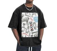 Barber Shop Stampa Stile Monocromatico T-shirt Oversize Vestibilità Classica Manica Corta Rilassarsi Casa Viaggi Palestra Allenamenti, Nero , S