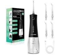 BarberBoss Idropulsore dentale senza fili, irrigatore orale con 4 punte getto e 5 modalità pressione, pulitore professionale per denti e gengive, serbatoio dell'acqua da 340 ml e IPX8, QR-7105 (nero)