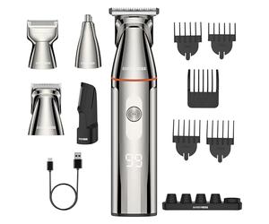 BarberBoss Kit 5 in 1 per la cura della barba, da uomo, tagliacapelli impermeabile con tagliacapelli per naso, body groomer, ricarica USB-C e display a LED