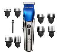 Barberboss Regolabarba da uomo, tagliacapelli a 4 velocità, lama in ceramica, 8 pettini e display a LED, ricarica USB e design impermeabile, kit professionale per il taglio dei capelli (Argento, Blu)
