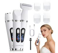 BarberBoss SmoothCare - Rasoio elettrico 3 in 1 per donne, corpo, bikini e viso, con display a LED, controllo a doppia velocità, rasoio portatile da donna, 4 pettini guida (Bianco, Argento)