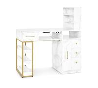 BarberPub tavolo per manicure con 4 cassetti, 2 ripiani, 5 mensole e 1 armadio estraibile, tavolo per unghie con aspirazione, 2 sacchetti per aspirapolvere, bianco marmo e oro, 55x112x123 cm, 2439