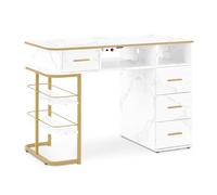 BarberPub Tavolo per manicure con 4 cassetti e 5 ripiani, unghia con aspirazione, 2 sacchetti per aspirapolvere, scrivania in legno per salone di unghie, marmo