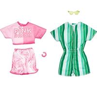Barbie Fashion Pack HJT40 - Set di abiti per bambole, top corto + mini gonna rosa e pagliaccetto verde a righe