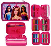 Barbie - Astuccio completo di cancelleria per la scuola, set per bambini, 3 ripiani, con penne, matite e pennarelli, motivo: principessa rosa, rosa, Astuccio con cerniera