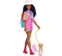 Barbie Avventure all'Aperto - Brooklyn, bambola bruna alla moda con abito e 10 accessori a tema campeggio, amico cucciolo incluso, giocattolo per bambini, 3+ anni, JJV60