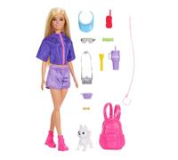 Barbie Avventure all'Aperto - Malibu, bambola bionda alla moda con abito e 10 accessori a tema campeggio, amico cucciolo incluso, giocattolo per bambini, 3+ anni, JJV59